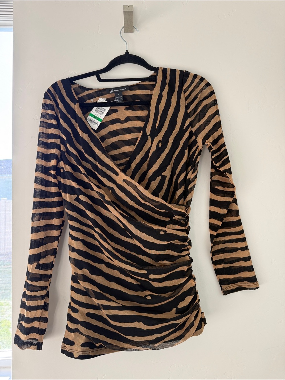 INC International Concepts Black & Brown Zebra Wrap Top